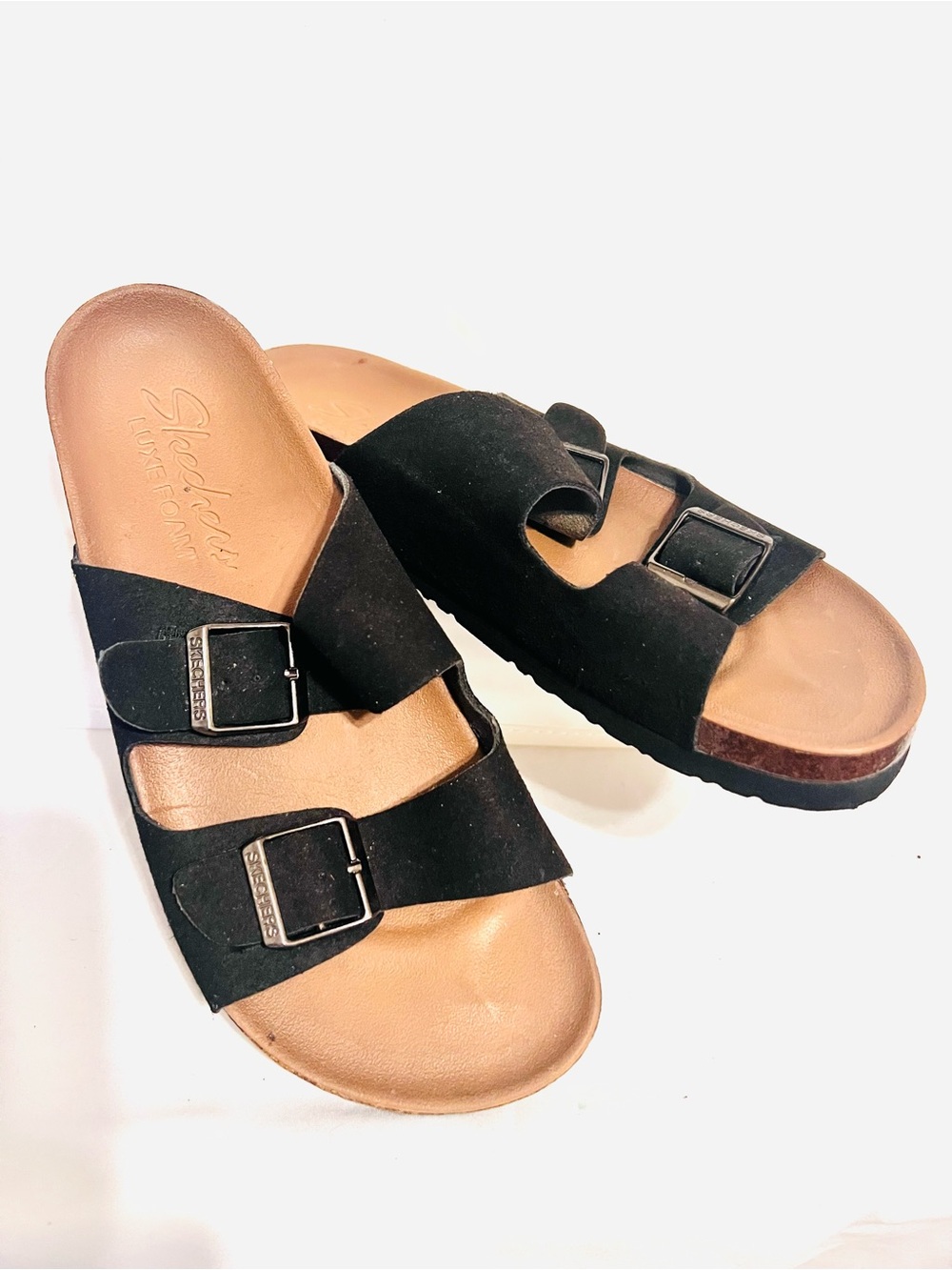 Skechers Black Dual-Buckle Slide Sandals with Tan Footbed